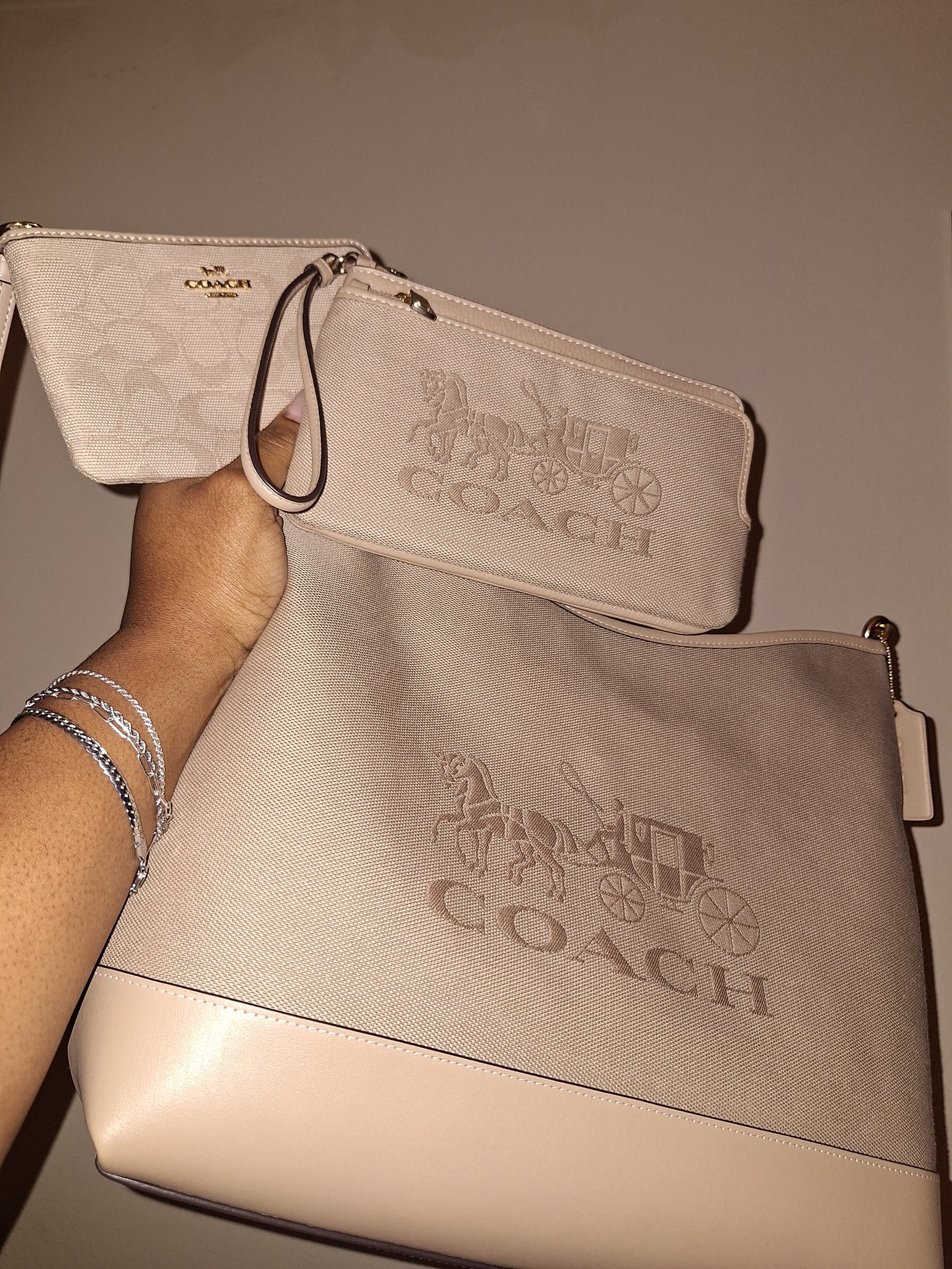Coach Large Laurel Bundle - Includes Matching Double Zip Wallet Wristlet & Corner Zip - Natural - NWT (Price Includes Shipping)