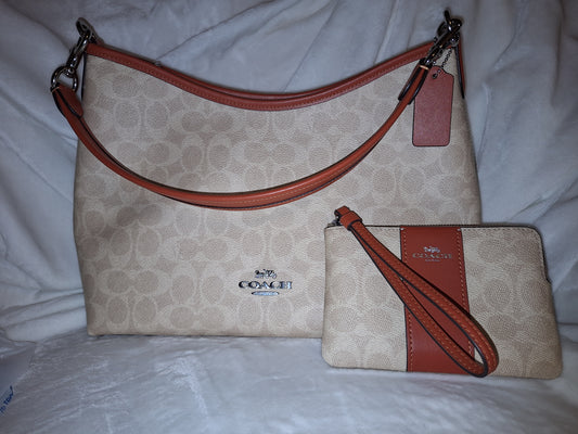 Coach Laurel Bag & Matching Corner Zip - Signature Canvas - Sand/Deep Orange - NWT (Price Includes Shipping)