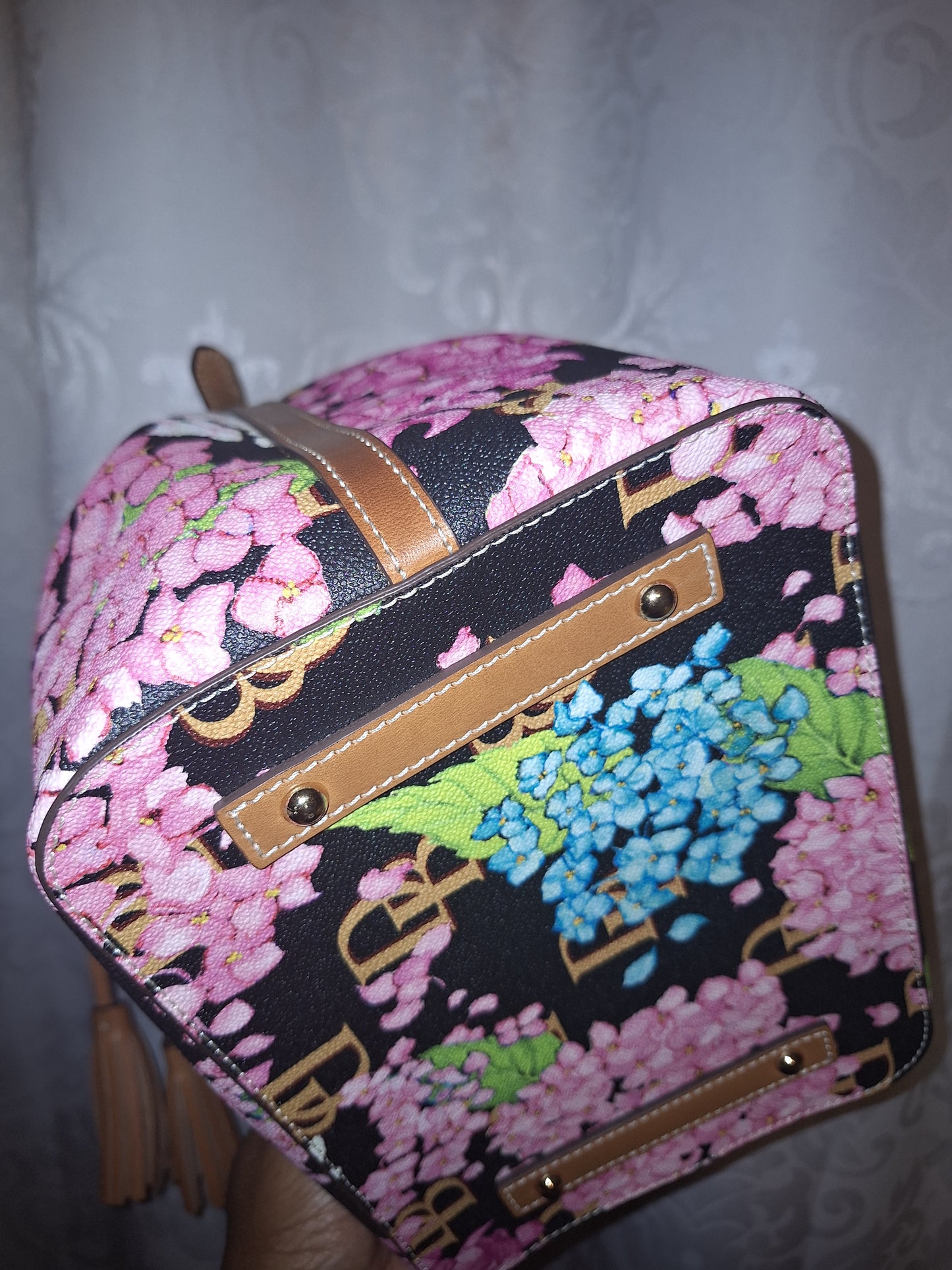 Dooney & Bourke Tasha Drawstring Bag - Black Hydrangea Monogram - EUC