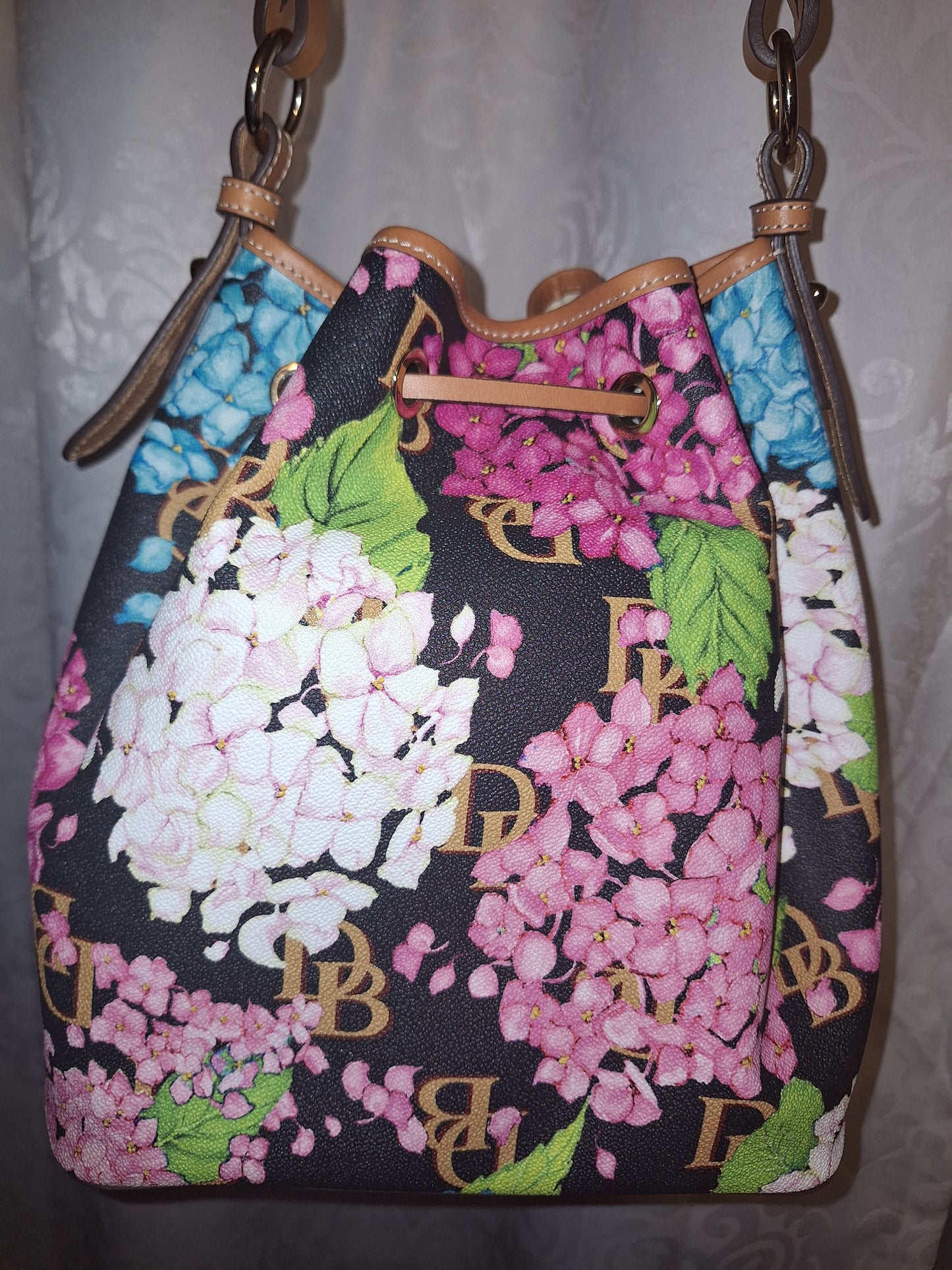 Dooney & Bourke Tasha Drawstring Bag - Black Hydrangea Monogram - EUC