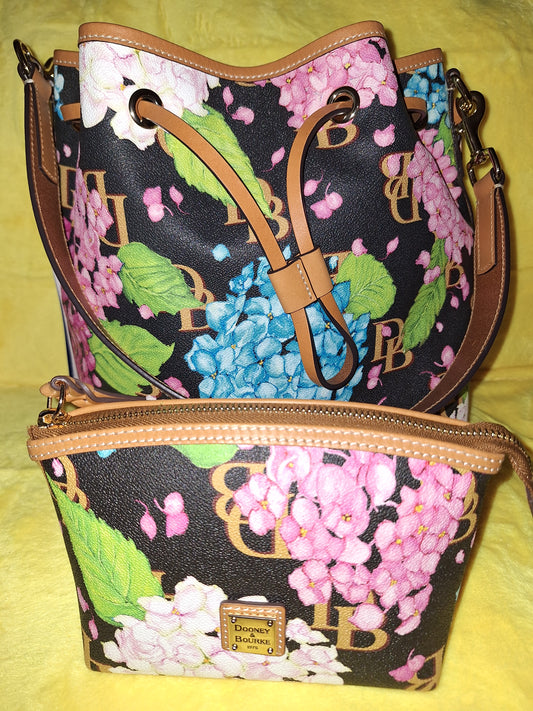 Dooney & Bourke Black Hydrangea Drawstring Bag - NWT & Matching Cosmetic Case - EUC (Price Includes Shipping)