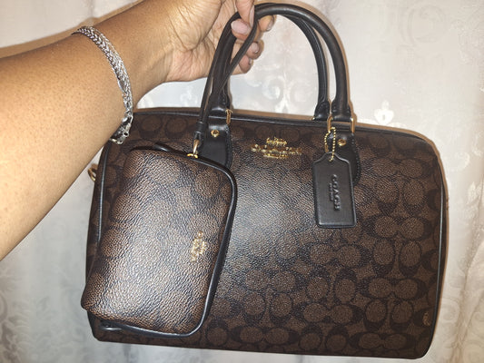 Coach Large Rowan Signature Canvas Walnut/Black - NWOT & Matching Pouch Wristlet - NWT   (Price Includes Shipping)