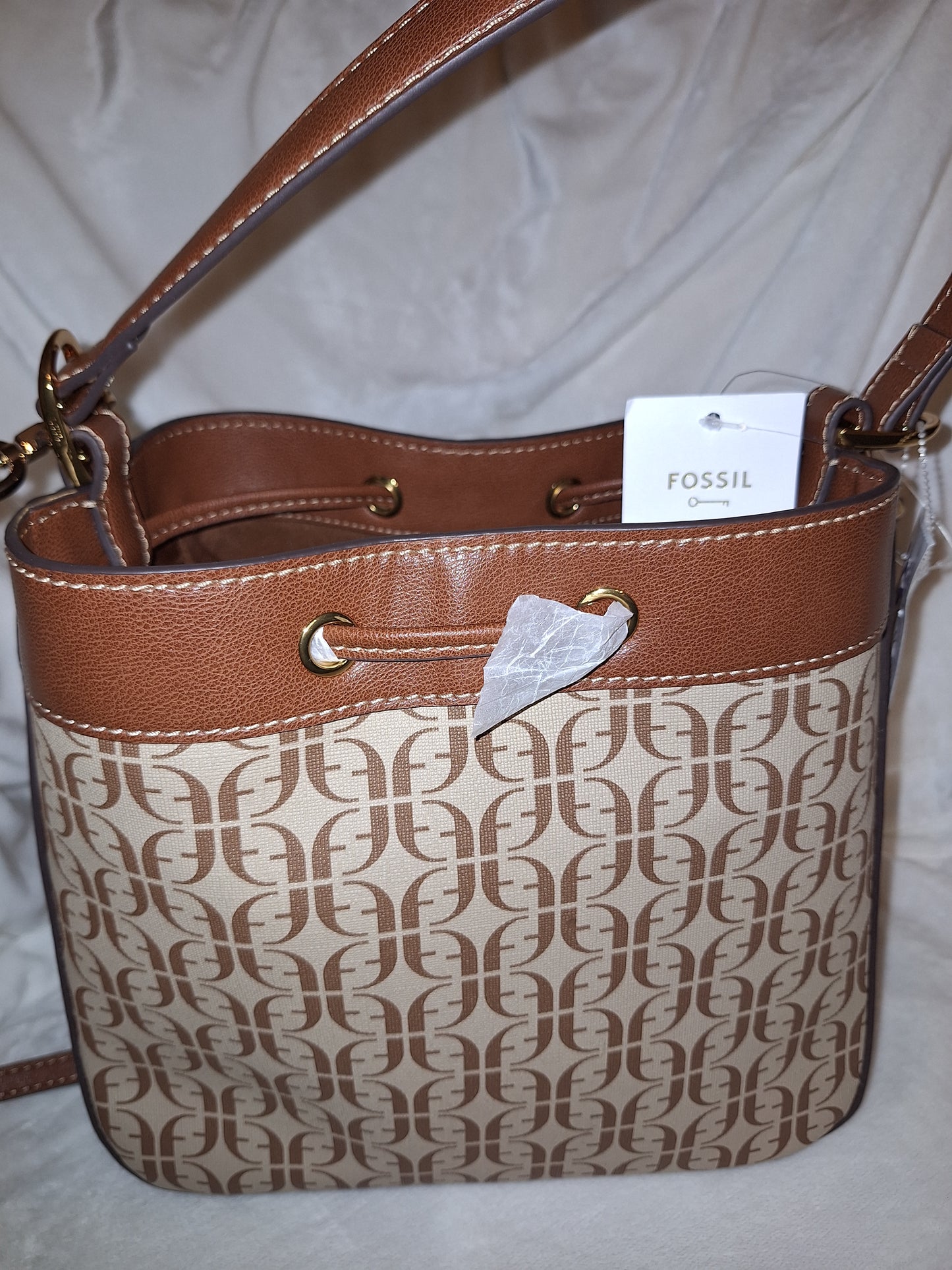 Fossil Tesa Bucket Drawstring Bag - Signature Canvas & Leather - Tan/Brown - NWT (Price Includes Shipping)