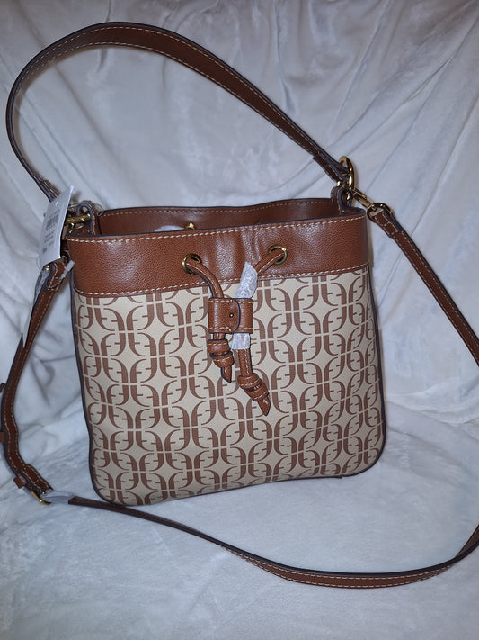 Fossil Tesa Bucket Drawstring Bag - Signature Canvas & Leather - Tan/Brown - NWT (Price Includes Shipping)
