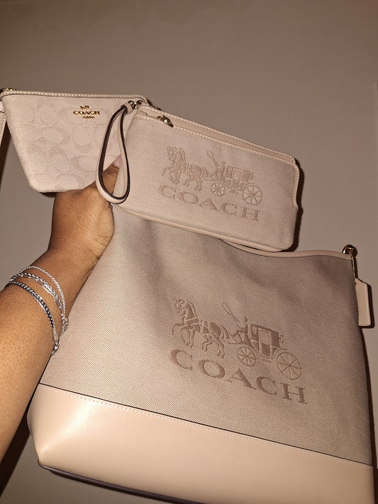 Coach Large Laurel Bundle - Includes Matching Double Zip Wallet Wristlet & Corner Zip -  Natural - NWT (Price Includes Shipping)