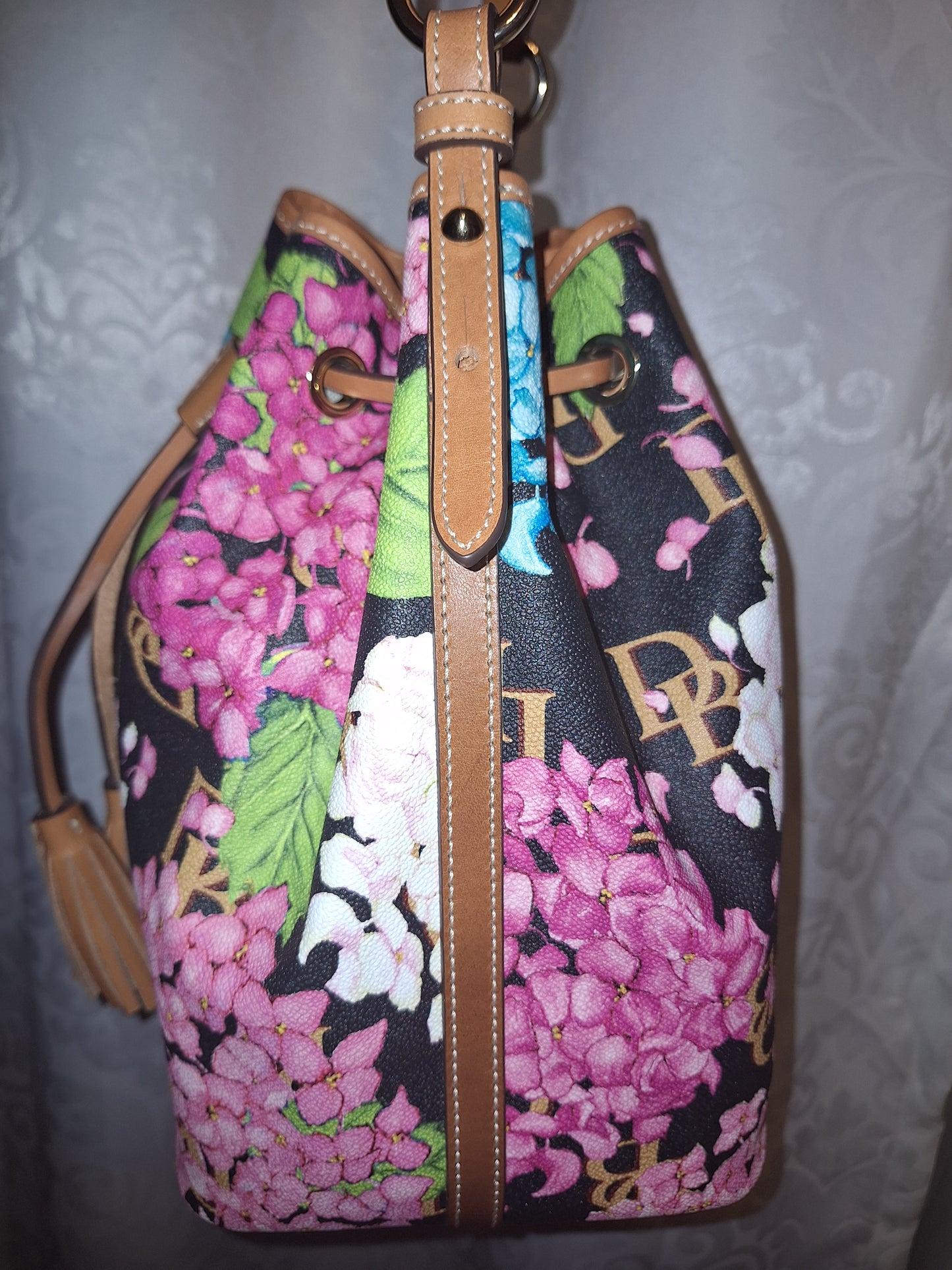 Dooney & Bourke Tasha Drawstring Bag - Black Hydrangea Monogram - EUC