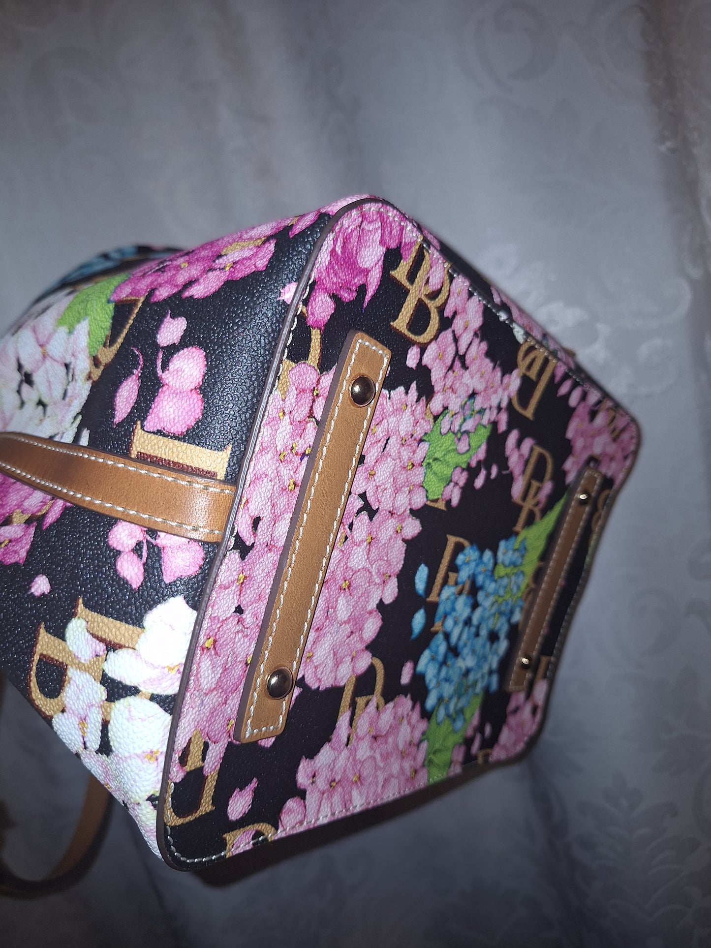 Dooney & Bourke Tasha Drawstring Bag - Black Hydrangea Monogram - EUC