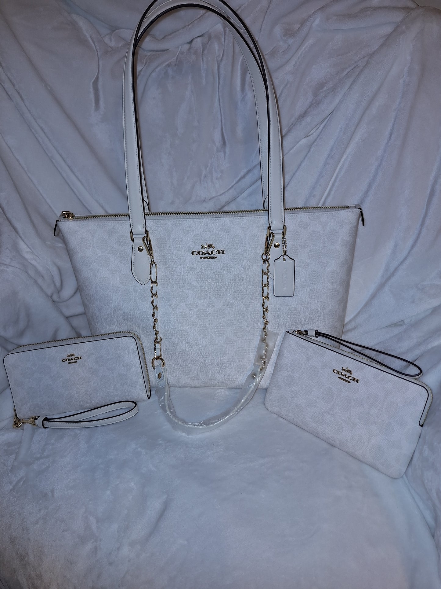 Coach Signature Gallery Tote - White/Chalk - NWT - (Yellow marked on the back shown in picture) & Long Zip Wallet - NWT & Large Corner Zip - NWT(Price Includes Shipping)