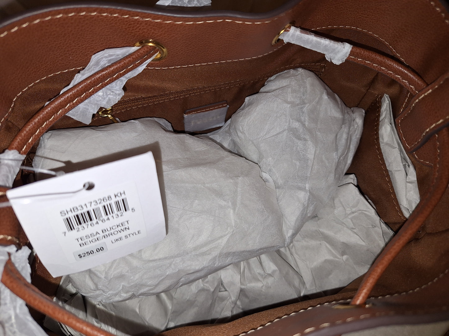 Fossil Tesa Bucket Drawstring Bag - Signature Canvas & Leather - Tan/Brown - NWT (Price Includes Shipping)