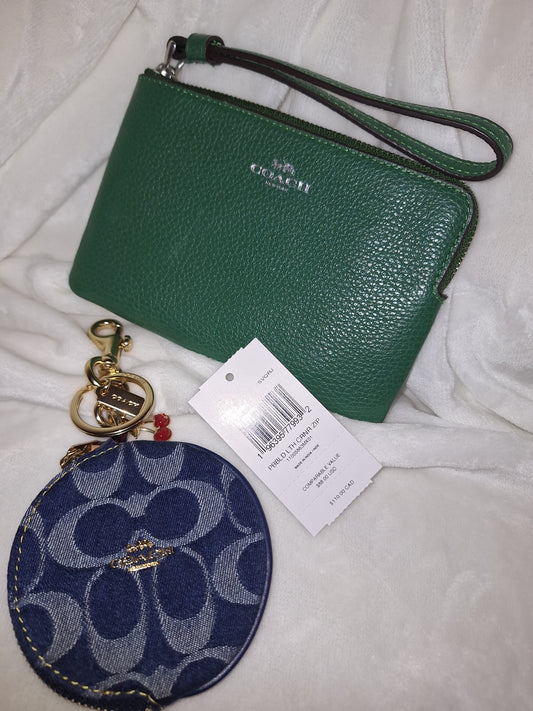 Coach Corner Zip Wristlet - Shamrock - NWT & Signature Denim Coin Pouch Charm - NWOT