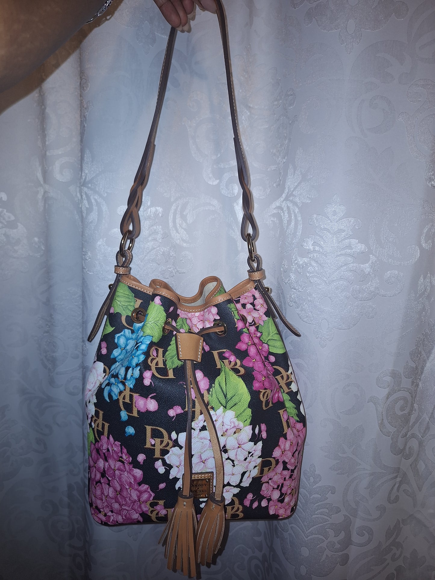Dooney & Bourke Tasha Drawstring Bag - Black Hydrangea Monogram - EUC
