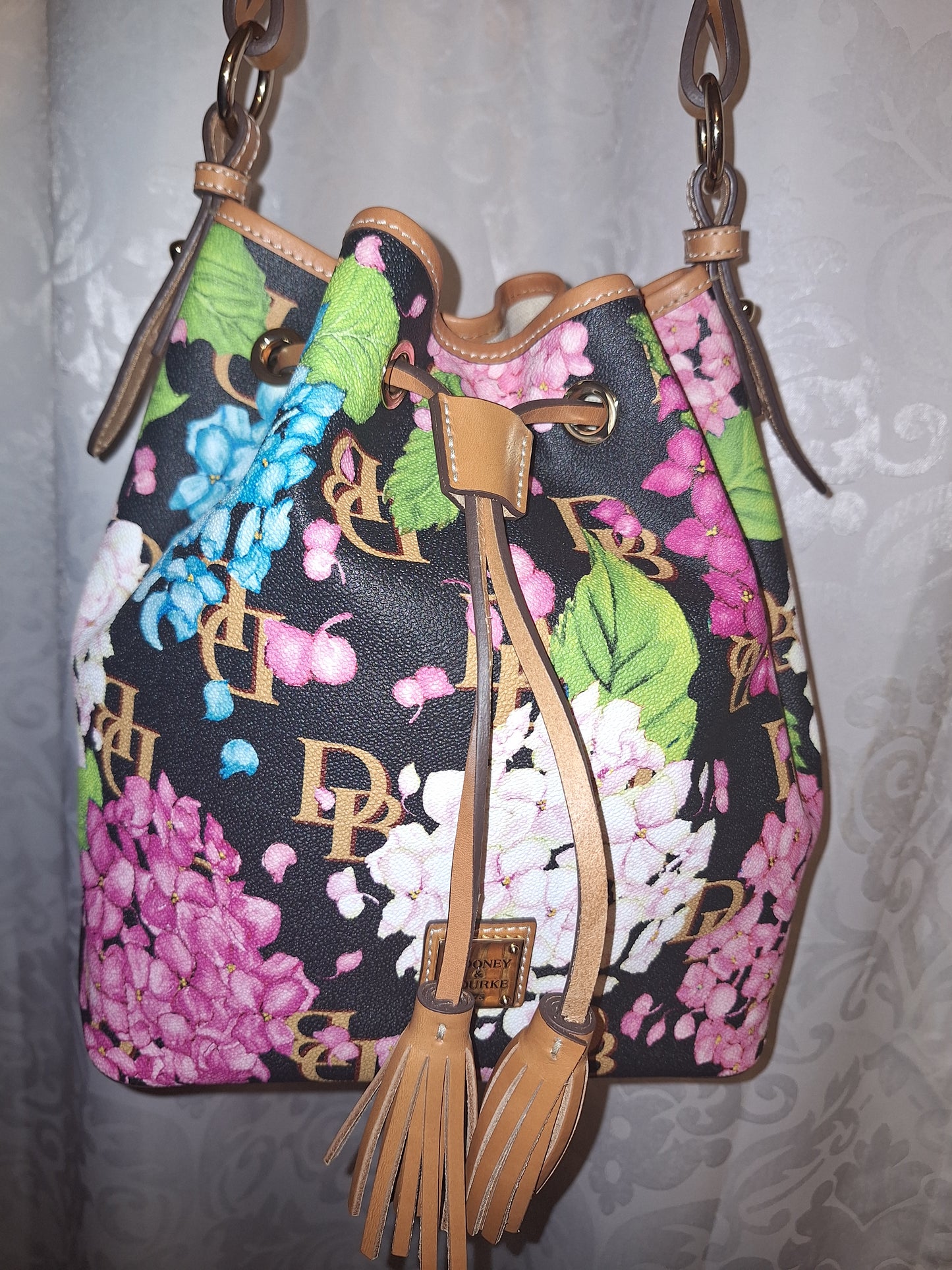 Dooney & Bourke Tasha Drawstring Bag - Black Hydrangea Monogram - EUC