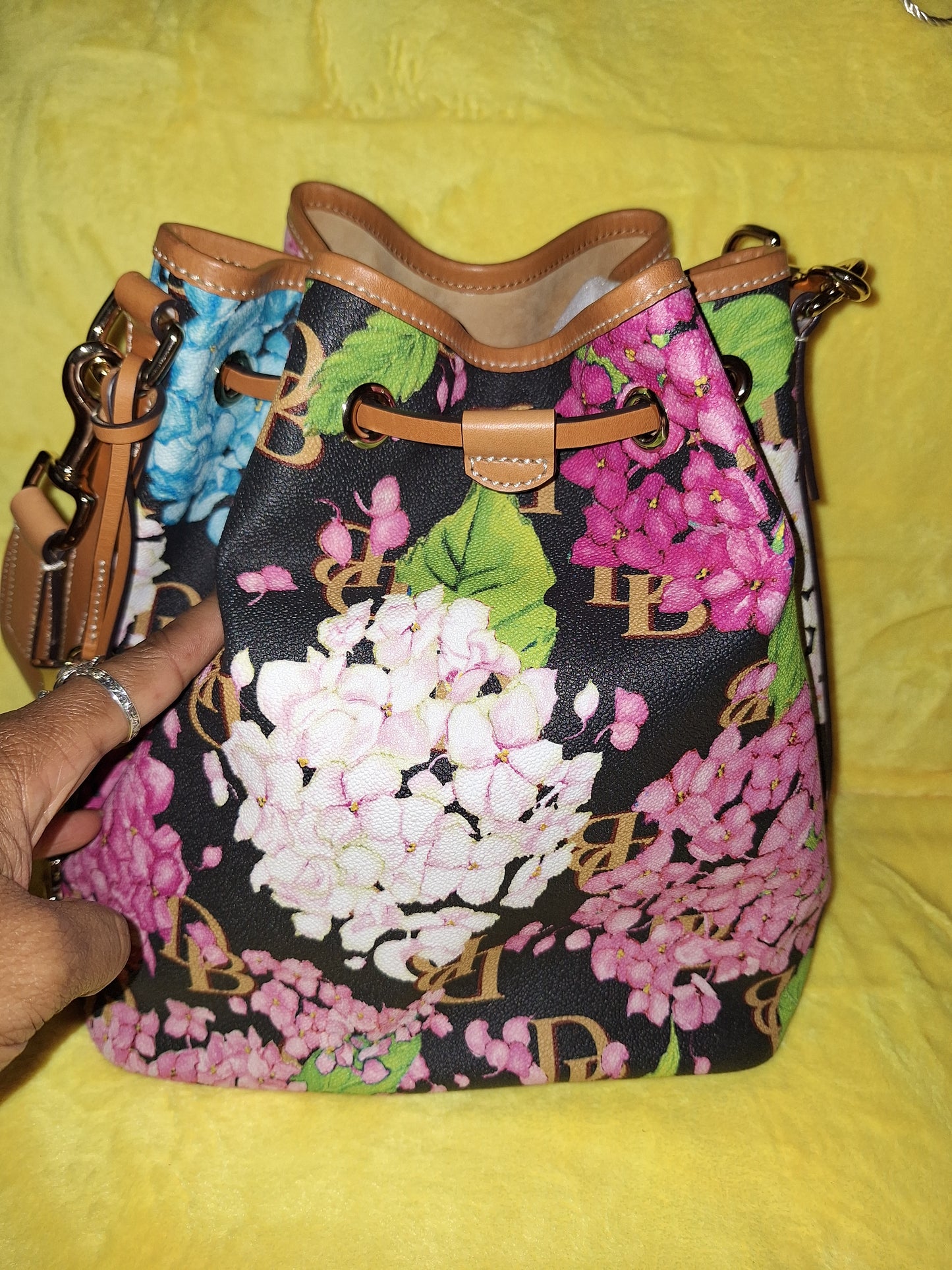 Dooney & Bourke Black Hydrangea Drawstring Bag - NWT & Matching Cosmetic Case - EUC (Price Includes Shipping)